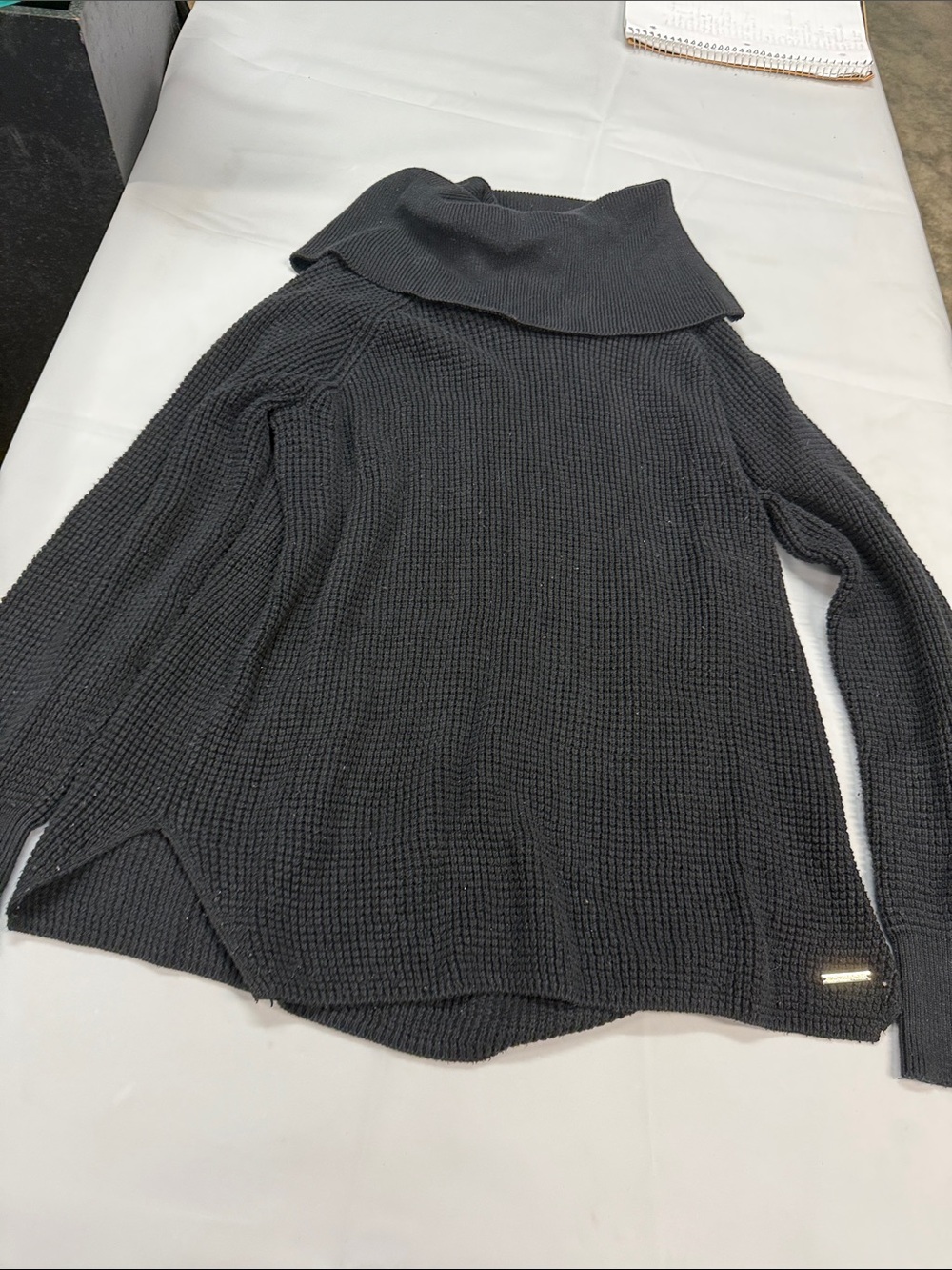 Michael Kors Black Off-Shoulder Waffle Knit Cowl Sweater